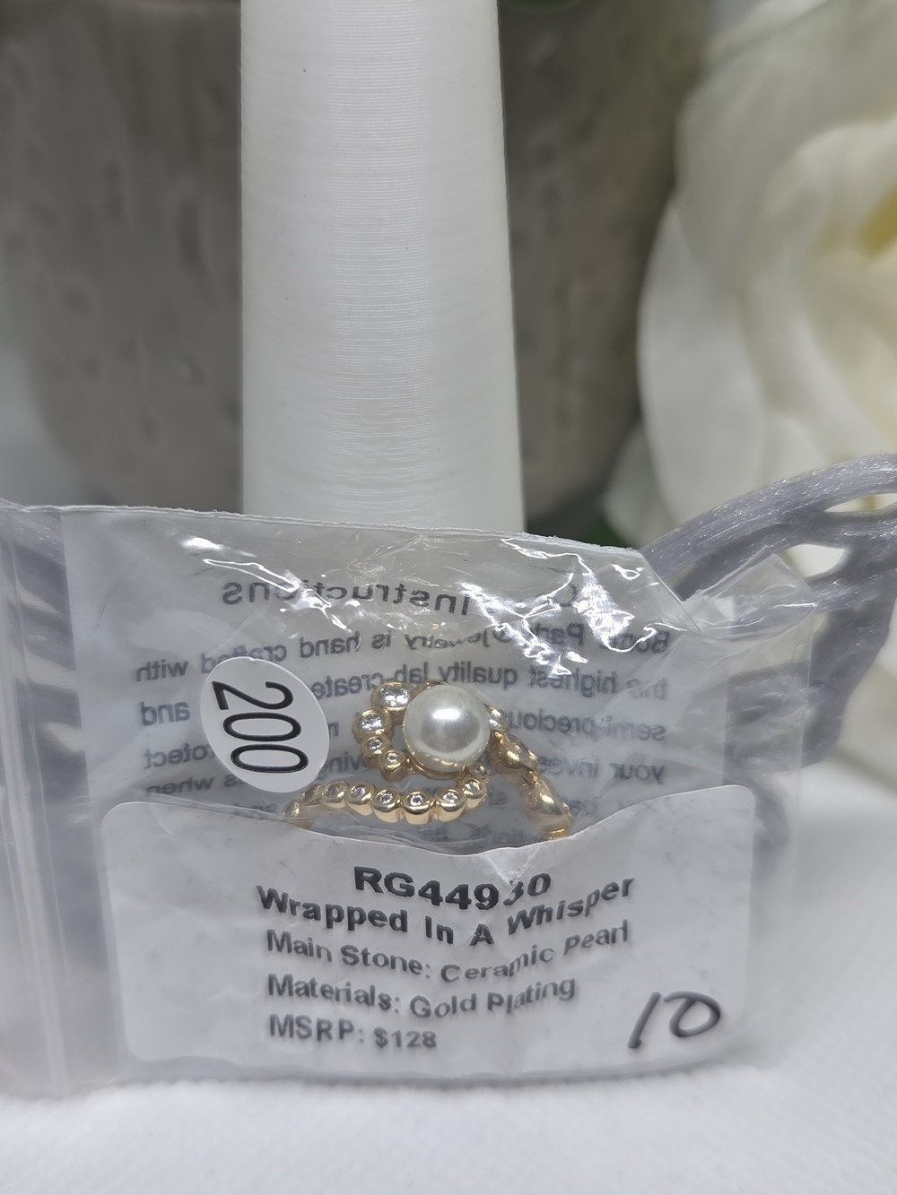 BP Ceramic Pearl & Crystal Spiral Ring  On Gold Plating - Picture 4 of 4